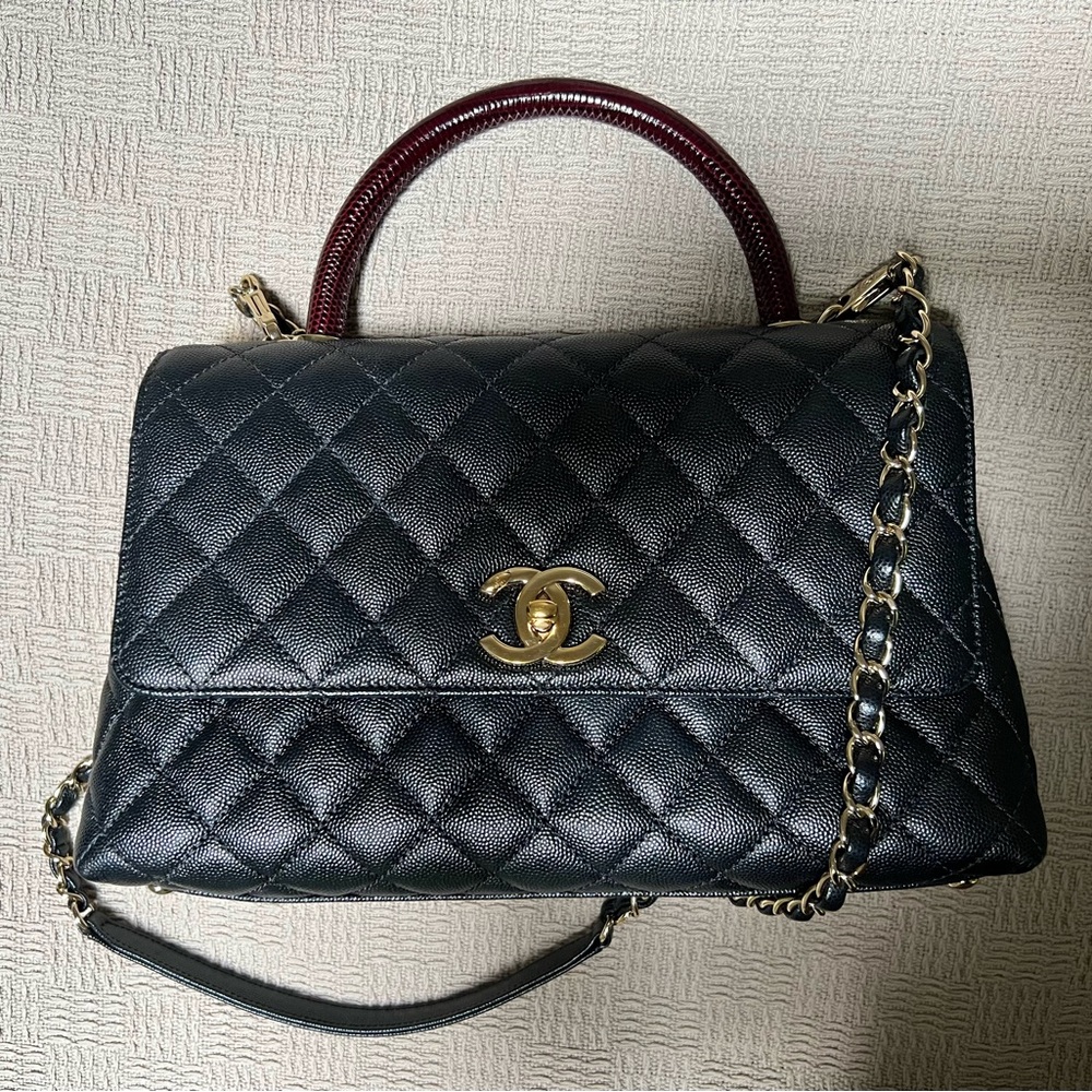 CHANEL Coco Handle Black Caviar and Burgundy Bag MM